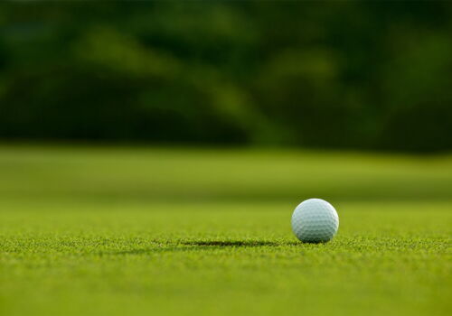 Kurzer Rasen mit einem einzelnen Golfball darauf